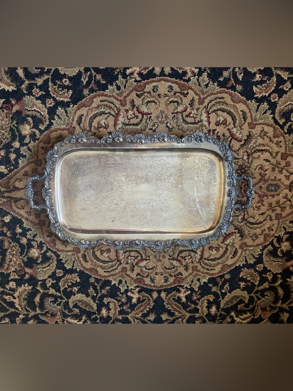 Ornate Silver Serving Tray - STAMPED & footed. PRICE FIRM